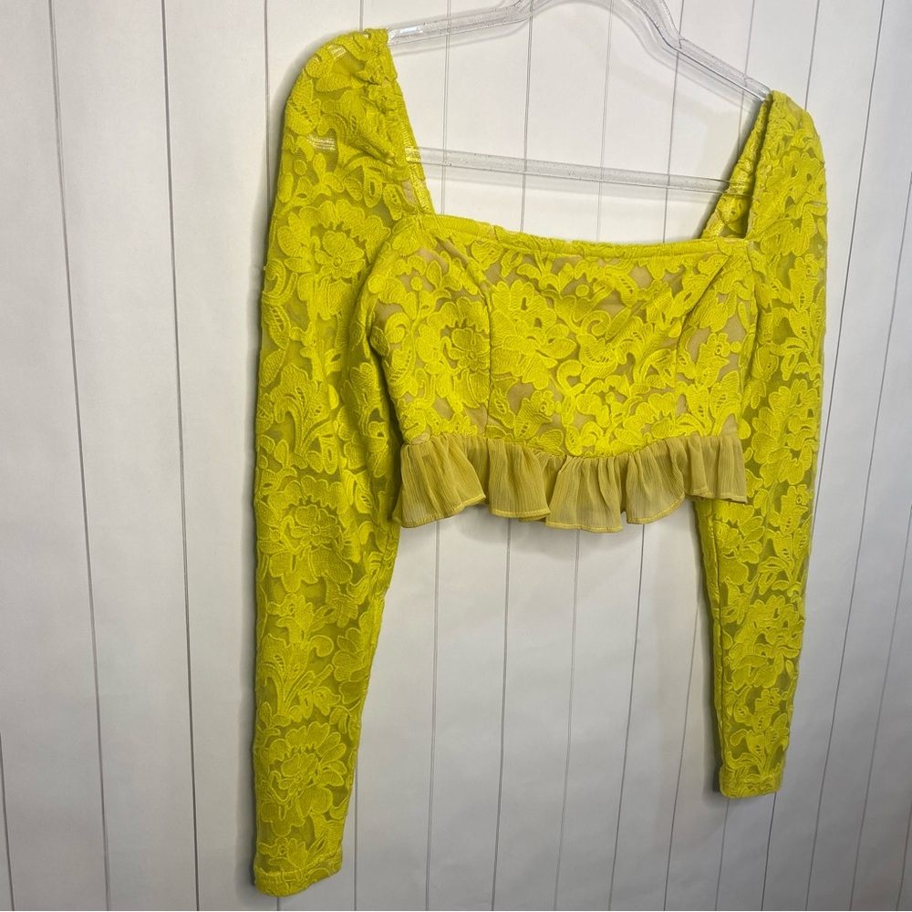 Anthropologie Endless Rose Yellow Citron Lace Crop Chiffon Ruffle Top Fem Chic S - Picture 1 of 5
